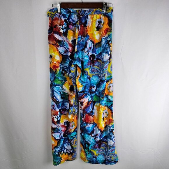 Jams World Medium Watercolor Pattern Rayon Wide-Leg Pants Hawaiian Boho Colorful - Picture 3 of 10
